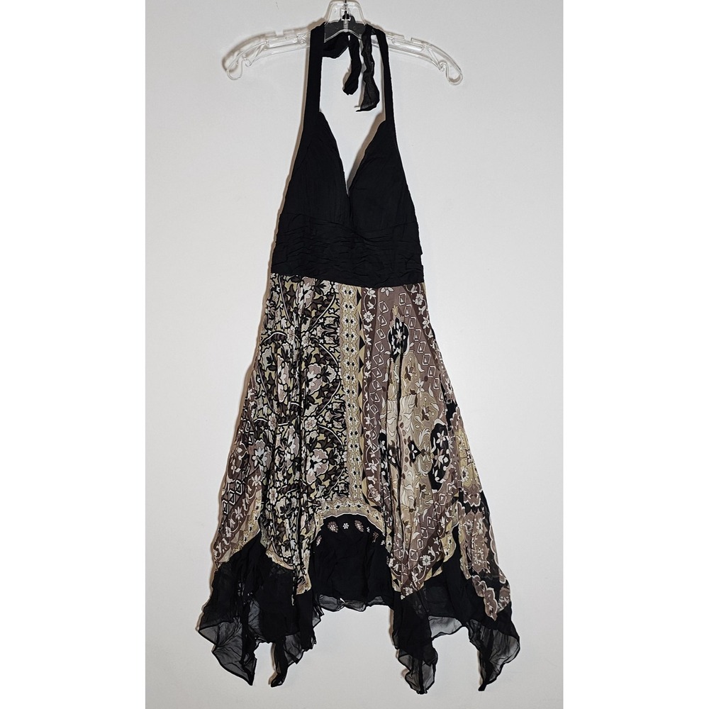 Sangria Dress Womens 8 Black Brown Silk Halter‎ Handkerchief Hem Cocktail Ruched